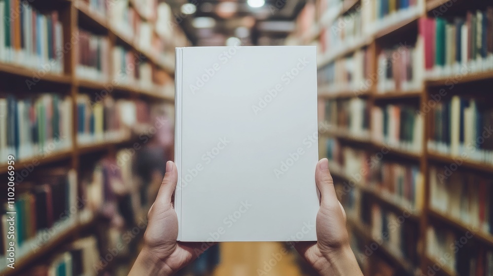 Close-Up of Hands Holding Blank White Book Mockup in Library with Blurred Bookshelves and People Reading, Ample Copy Space for Advertising Close-Up of Hands Holding Blank White Book Mockup in Library with Blurred Bookshelves and People Reading, Ample Copy Space for Advertising
