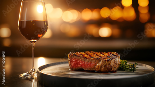 Medium rare steak resting on a highend marble plate with a wine glass beside, golden hour lighting, ultrarealistic
