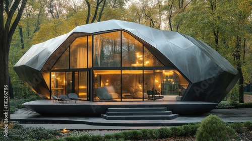 Modern architectural marvel in a tranquil forest setting during early evening hours