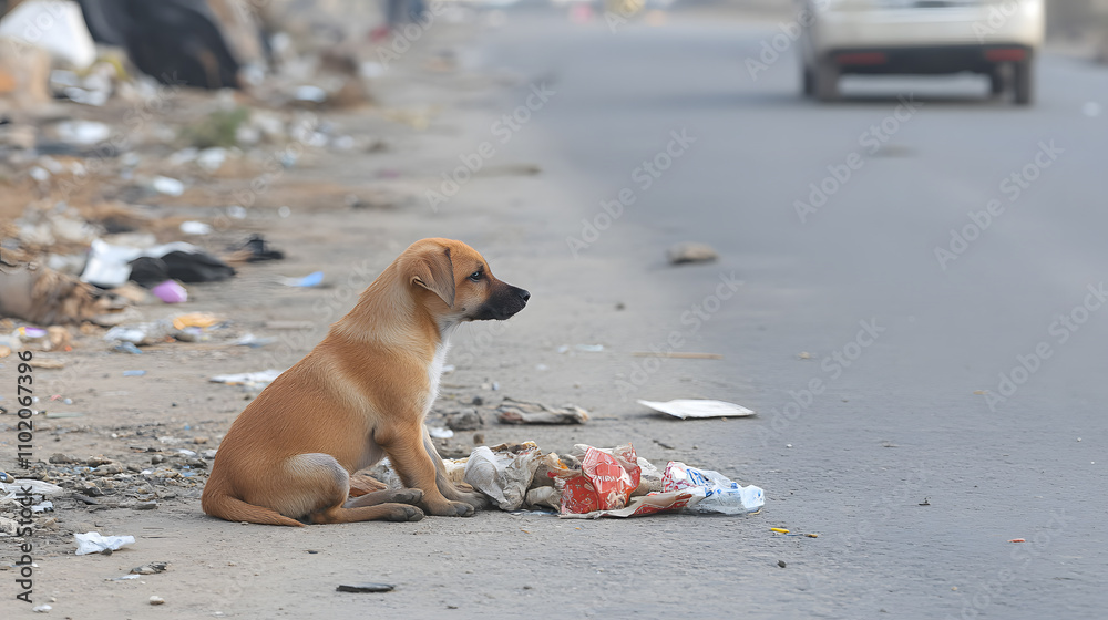 Poor Street Dog Walking Through the Road – A Scene Reflecting Struggles of Homeless Animals in an Urban Environment Poor Street Dog Walking Through the Road – A Scene Reflecting Struggles of Homeless Animals in an Urban Environment