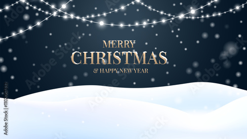 Merry Christmas, Happy New Year with christmas tree and balls. Realistic lights and snow fall. Winter Christmas background. Vector illustration
