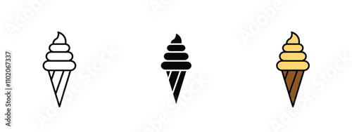 Set of 3 "Ice Cream" icons with 1 line, 1 silhouette n 1 colored icon with an unexpanded vector icon inside -  Delicious cone ice cream icon with a simple, design featuring waffle cone and scoops