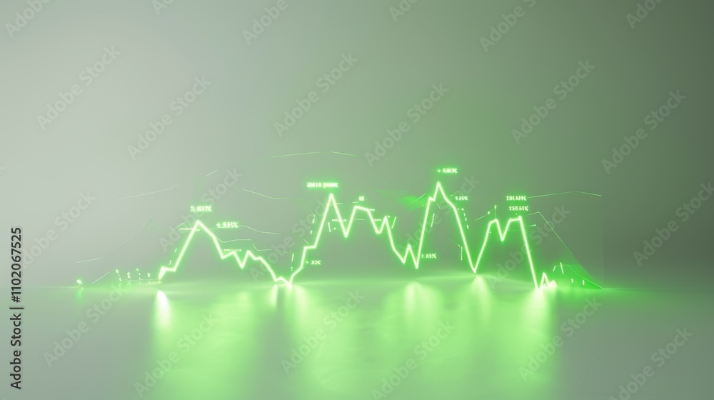 Obraz premium Glowing green neon financial chart on a minimalist background, representing growth, investment, and success. The bright lines and sharp peaks suggest market dynamics and economic trends, ideal for