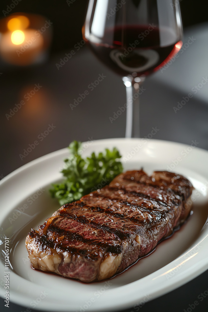 Juicy medium rare steak served on a luxury porcelain dish, wine glass complementing the scene, sunset glow ambiance, ultrarealistic Juicy medium rare steak served on a luxury porcelain dish, wine glass complementing the scene, sunset glow ambiance, ultrarealistic