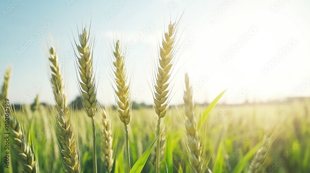 A serene wheat field basking in sunlight, showcasing golden stalks swaying gently in a vibrant green landscape. A serene wheat field basking in sunlight, showcasing golden stalks swaying gently in a vibrant green landscape.