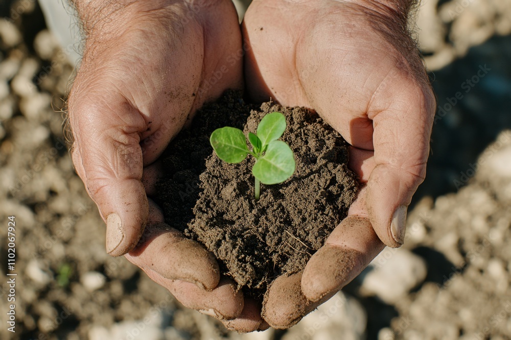 Nurturing Growth: Hands Holding Seedling in Soil, Symbolizing Sustainability and New Beginnings Nurturing Growth: Hands Holding Seedling in Soil, Symbolizing Sustainability and New Beginnings