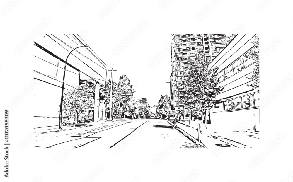 Print Building view with landmark of Vancouver is the city in Western Canada. Hand drawn sketch illustration in vector.