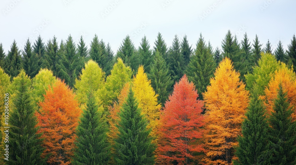 A vibrant display of autumn trees showcases a stunning gradient of green, yellow, orange, and red foliage against a serene, cloudy backdrop. A vibrant display of autumn trees showcases a stunning gradient of green, yellow, orange, and red foliage against a serene, cloudy backdrop.