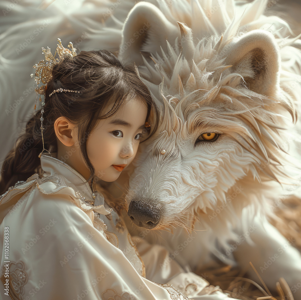 A cute little girl dressed in traditional Chinese Hanfu rides on the back of an enormous wolf, The wolf exudes a white glow, is fluffy and voluminous, with white fur and golden eyes.