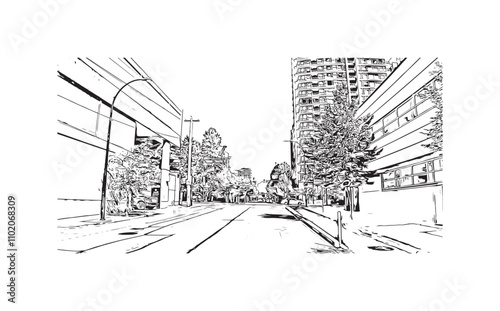 Obraz na płótnie Print Building view with landmark of Vancouver is the city in Western Canada. Hand drawn sketch illustration in vector. w salonie