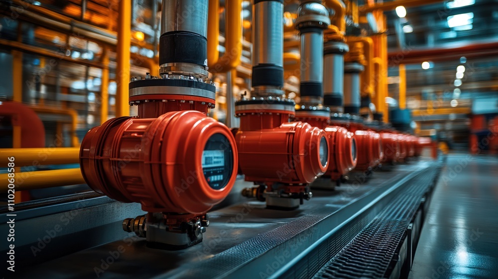 A row of red heating pumps inside a modern industrial facility A row of red heating pumps inside a modern industrial facility