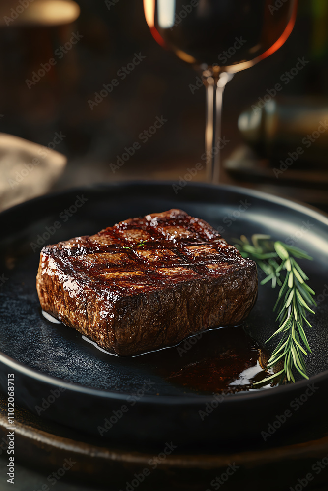 Perfectly charred medium rare steak served on a dark ceramic plate, paired with wine, luxury dining ambiance, ultrarealistic Perfectly charred medium rare steak served on a dark ceramic plate, paired with wine, luxury dining ambiance, ultrarealistic