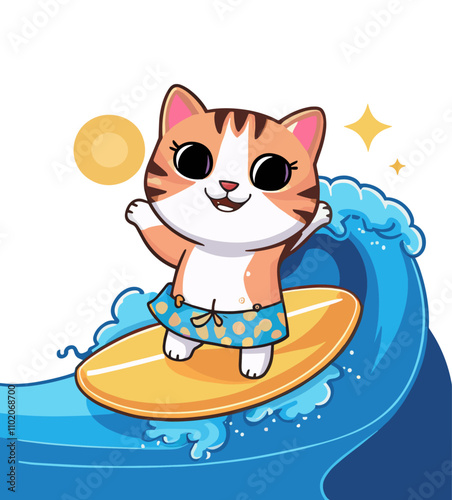  cat riding a surfboard on a ocean waves