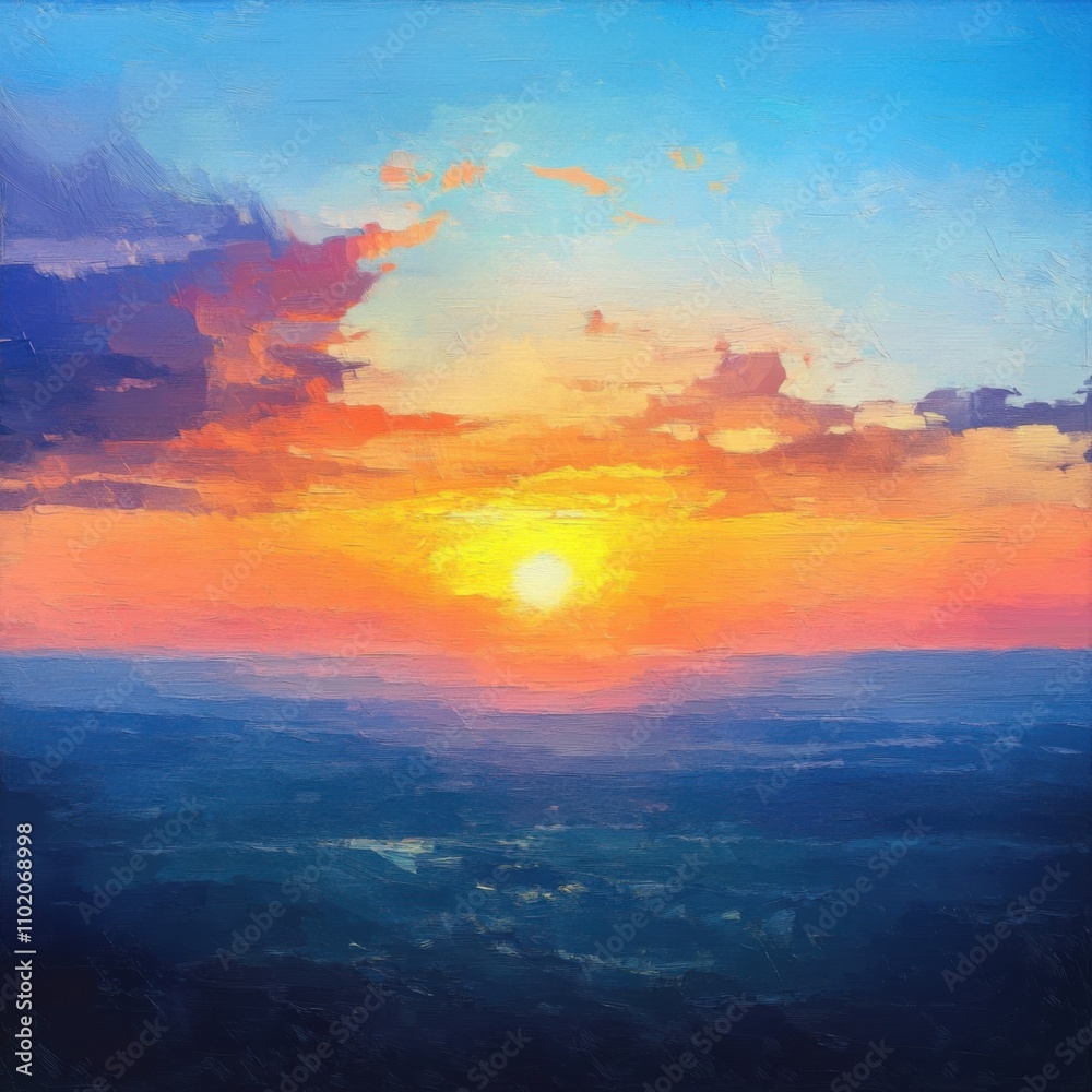 A vibrant sunset painting with hues of orange, pink, and blue blending in the sky above a serene landscape. A vibrant sunset painting with hues of orange, pink, and blue blending in the sky above a serene landscape.