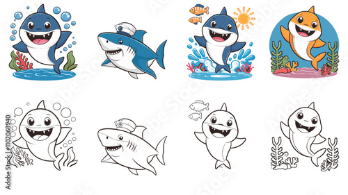 set of cute baby sharks vector illustrations