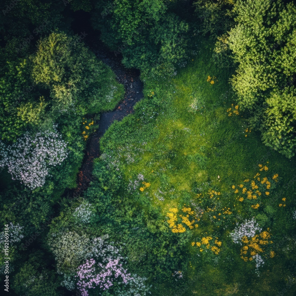 Aerial view of a lush green landscape featuring colorful flowers and a winding stream, showcasing the beauty of nature.