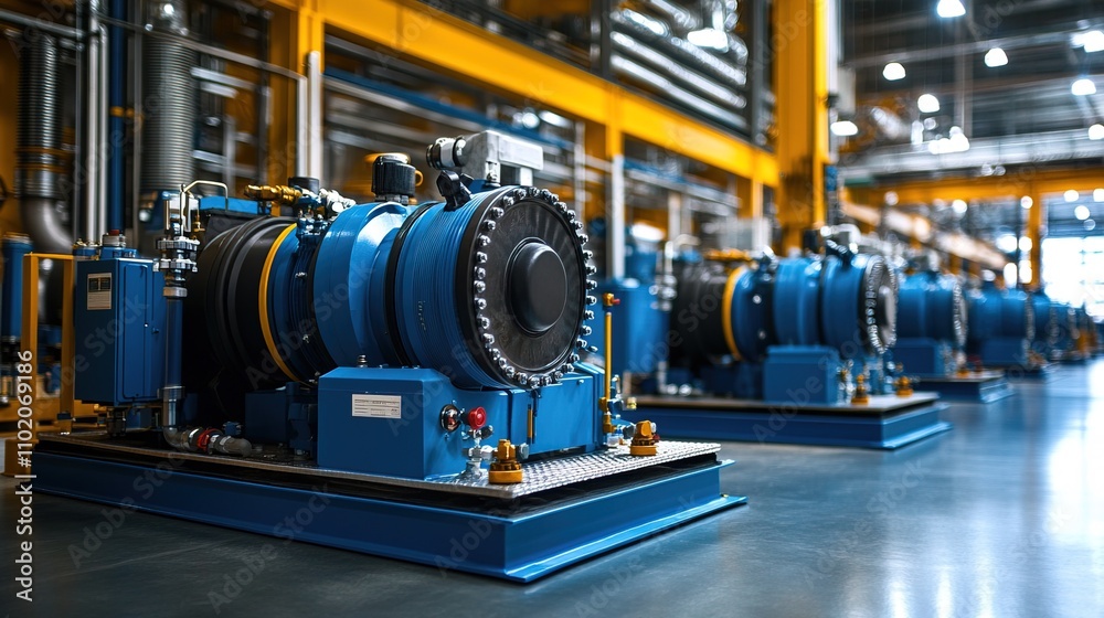 A row of large gas compressor units at an industrial facility A row of large gas compressor units at an industrial facility