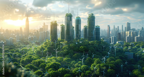 Fototapeta Naklejka Na Ścianę i Meble -  A futuristic city skyline with towering skyscrapers and wind turbines, set against the backdrop of lush green landscapes, symbolizing innovation in sustainable energy and urban development.