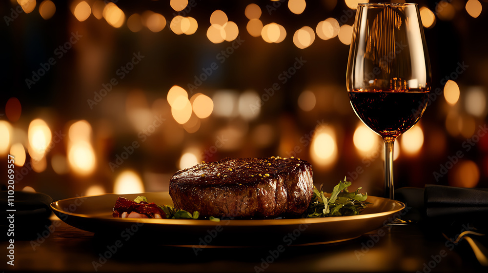 Juicy medium rare steak served on a goldenedged plate with wine glass, luxury dining ambiance, ultrarealistic