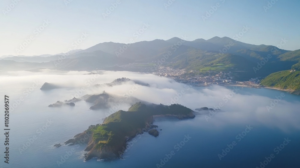 Fototapeta premium Mesmerizing Foggy Landscape with Mountains and Lake