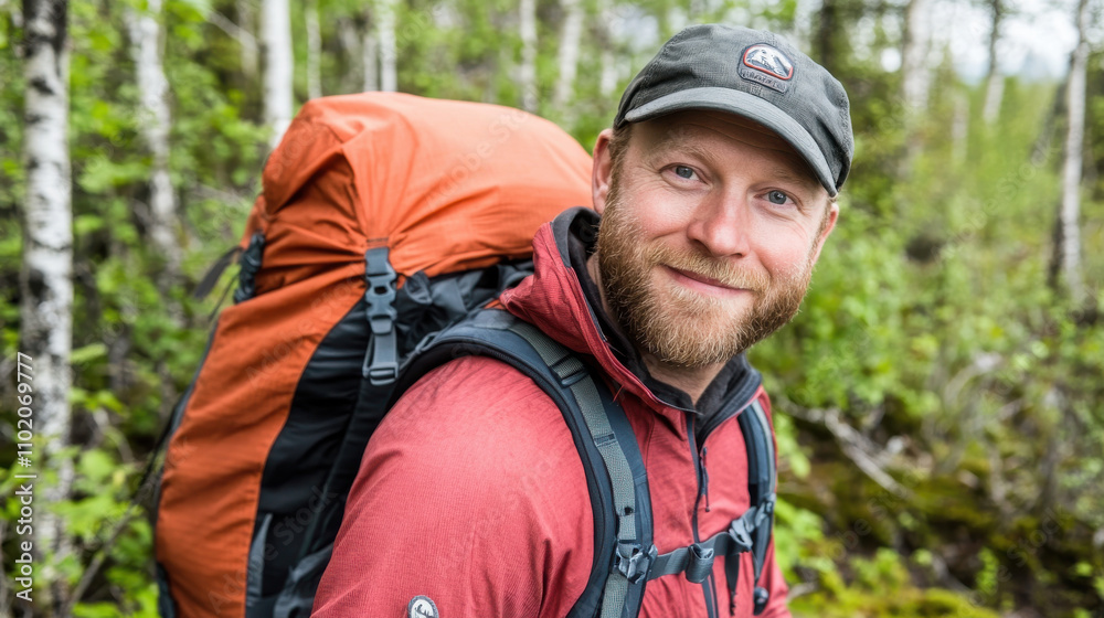 man hiking through vibrant green forest with backpack man hiking through vibrant green forest with backpack