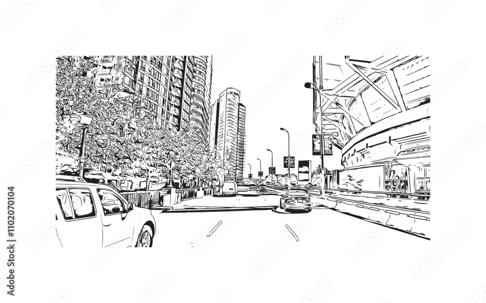 Print Building view with landmark of Vancouver is the city in Western Canada. Hand drawn sketch illustration in vector.