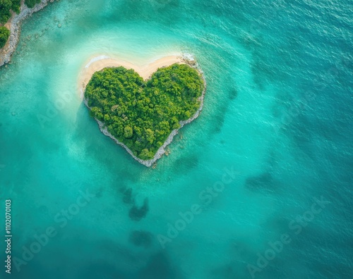 Aerial View of a Heart-Shaped Tropical Island Surrounded by Clear Blue Water and Lush Greenery, Offering a Beautiful Natural Landscape for Relaxation and Romance