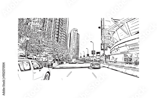 Obraz na płótnie Print Building view with landmark of Vancouver is the city in Western Canada. Hand drawn sketch illustration in vector. w salonie