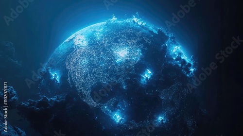 Networked planet with light nodes connecting continents, soft blue tones, neon light effects, stylized realism, aerial perspective  photo