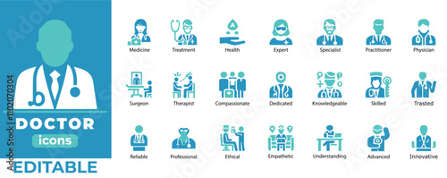 Professional doctor icon vector set featuring medical roles, healthcare, specialists, ethics, skills, innovation, and compassion. Fully editable.
