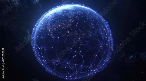 Networked planet with light nodes connecting continents, soft blue tones, neon light effects, stylized realism, aerial perspective  photo