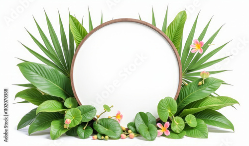 illustration white round oval signboard, surrounded by tropical leaves and flowers on a white background photo