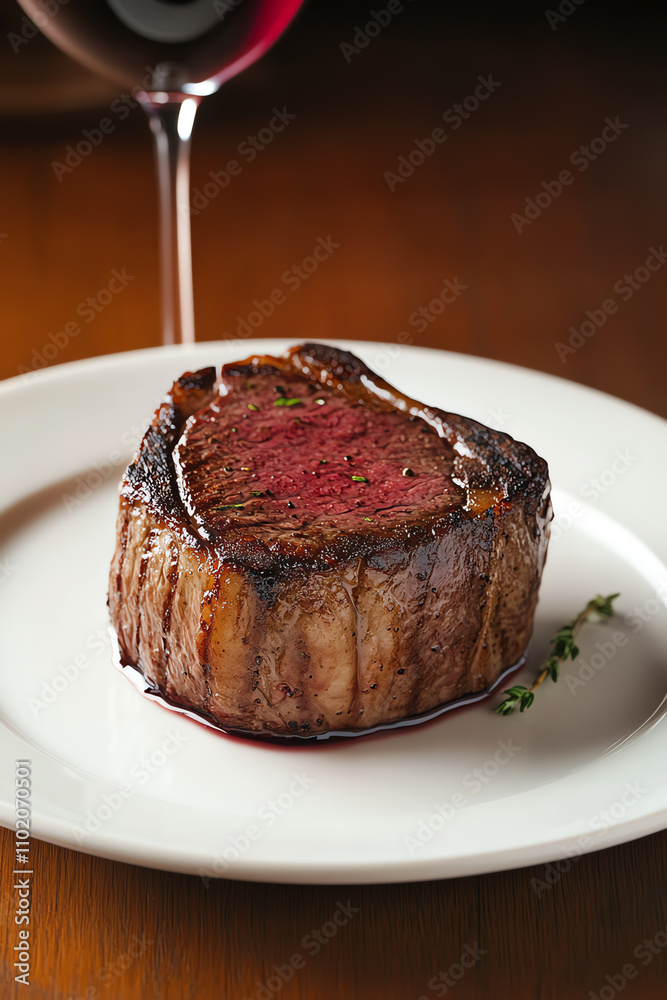 Perfect medium rare steak served on a highend plate with a glass of wine, polished wooden table background, ultrarealistic Perfect medium rare steak served on a highend plate with a glass of wine, polished wooden table background, ultrarealistic
