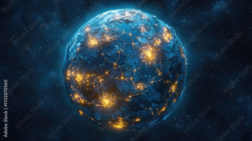 Obraz premium Networked planet with light nodes connecting continents, soft blue tones, neon light effects, stylized realism, aerial perspective 
