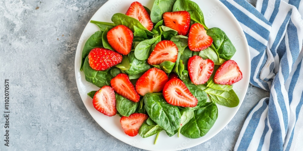 Strawberries and dressing salad in white modern plate, striped blue linen napkin. Fresh organic strawberry salad with spinach, white goat feta cheese. Green healthy fruit mix. Top view, flat lay. Strawberries and dressing salad in white modern plate, striped blue linen napkin. Fresh organic strawberry salad with spinach, white goat feta cheese. Green healthy fruit mix. Top view, flat lay.