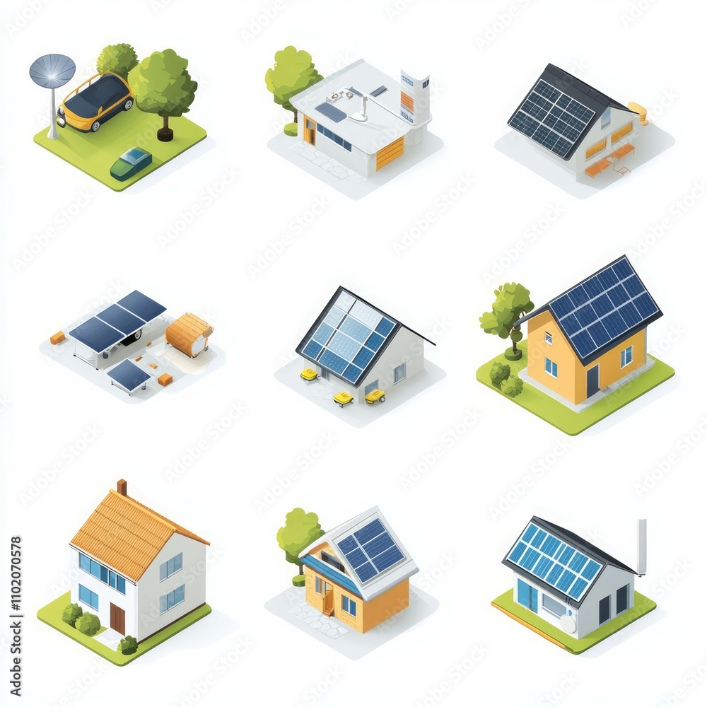 Energy efficiency isometric icon set on white background Energy efficiency isometric icon set on white background