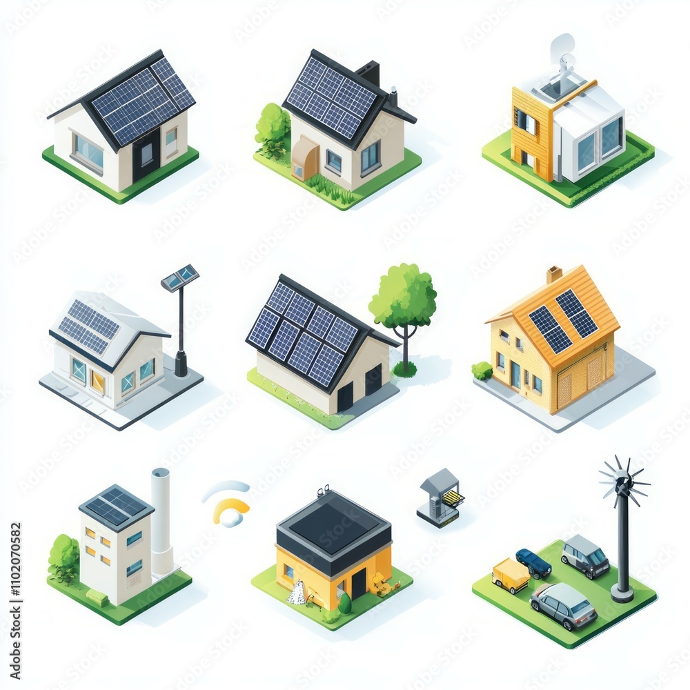 Energy efficiency isometric icon set on white background Energy efficiency isometric icon set on white background