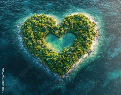 Aerial View of a Unique Heart-Shaped Island Surrounded by Turquoise Water and Lush Greenery, Capturing the Beauty of Nature and Serenity