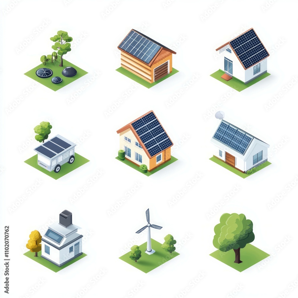Energy efficiency isometric icon set on white background Energy efficiency isometric icon set on white background