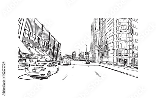 Obraz na płótnie Print Building view with landmark of Vancouver is the city in Western Canada. Hand drawn sketch illustration in vector. w salonie