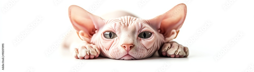 Sphynx cat laying down, white isolate background Sphynx cat laying down, white isolate background