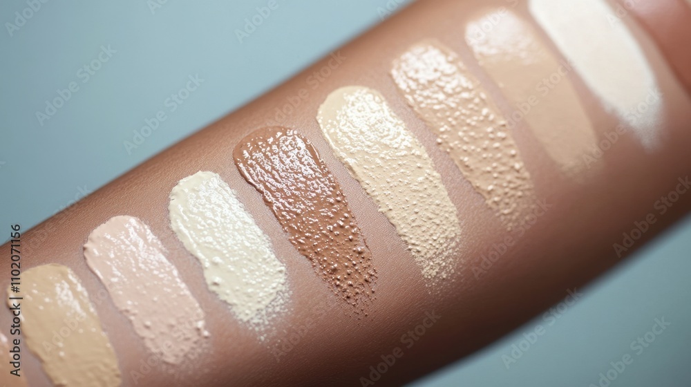 Diverse Shades of Foundation Swatches on Arm for Makeup Selection Diverse Shades of Foundation Swatches on Arm for Makeup Selection