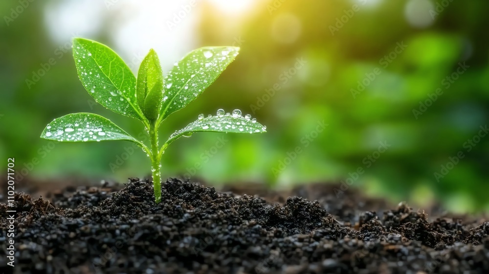 Young plant growing in sunlight and dew. Young plant growing in sunlight and dew.
