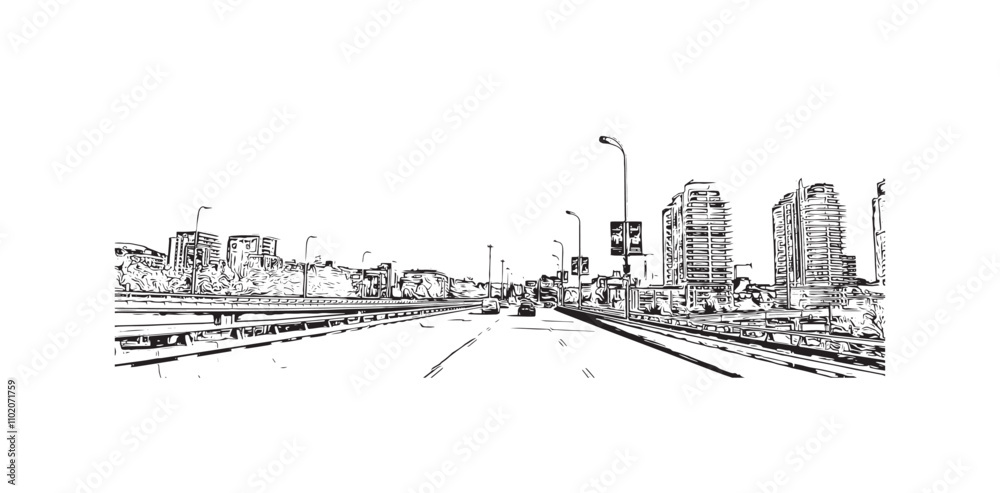 Print Building view with landmark of Vancouver is the city in Western Canada. Hand drawn sketch illustration in vector.