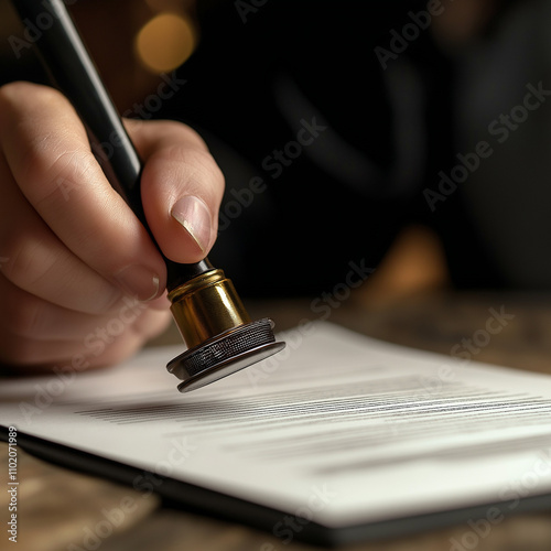 Hand hold stamping rubber business document invoice bill financial on desk.