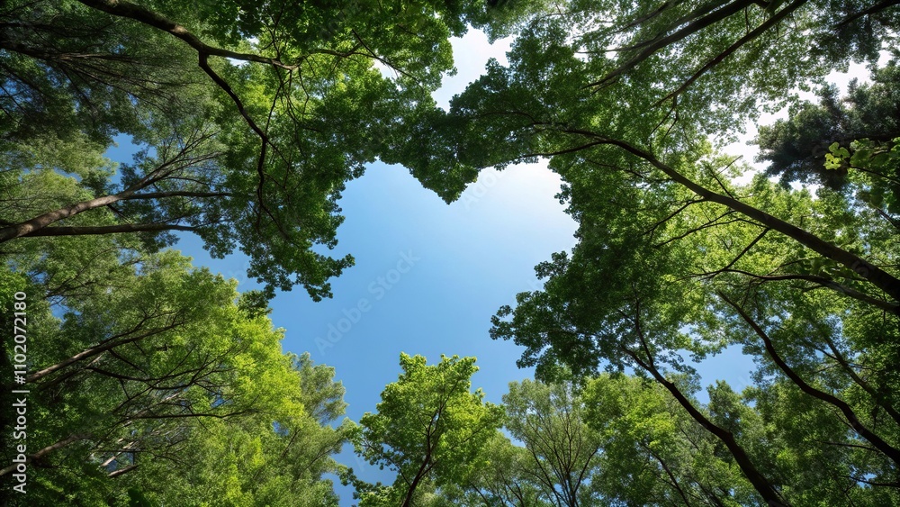 A forest canopy with a heart-shaped hole in the center, revealing a bright blue sky, heart shaped hole, green foliage, leafy branches A forest canopy with a heart-shaped hole in the center, revealing a bright blue sky, heart shaped hole, green foliage, leafy branches