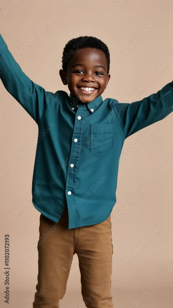 Young boy with a joyful expression wearing a teal shirt raises his arms in celebration against a neutral backdrop Young boy with a joyful expression wearing a teal shirt raises his arms in celebration against a neutral backdrop