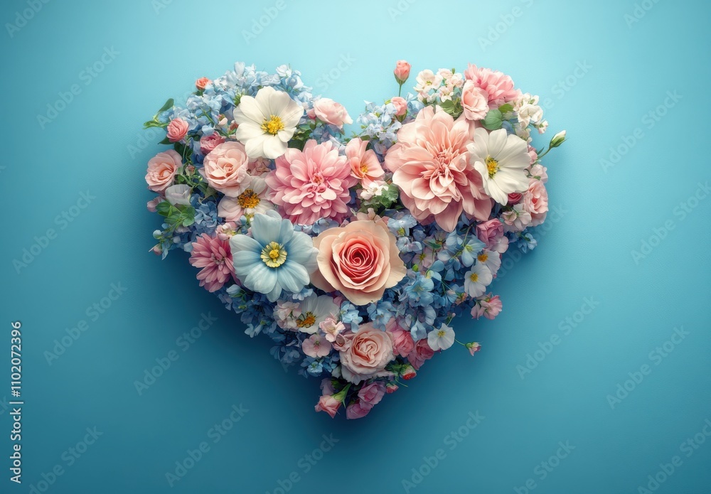 Beautiful Floral Heart Arrangement on a Soft Blue Background Capturing the Essence of Love, Spring, and Nature's Vibrant Colors for Romantic Celebrations Beautiful Floral Heart Arrangement on a Soft Blue Background Capturing the Essence of Love, Spring, and Nature's Vibrant Colors for Romantic Celebrations