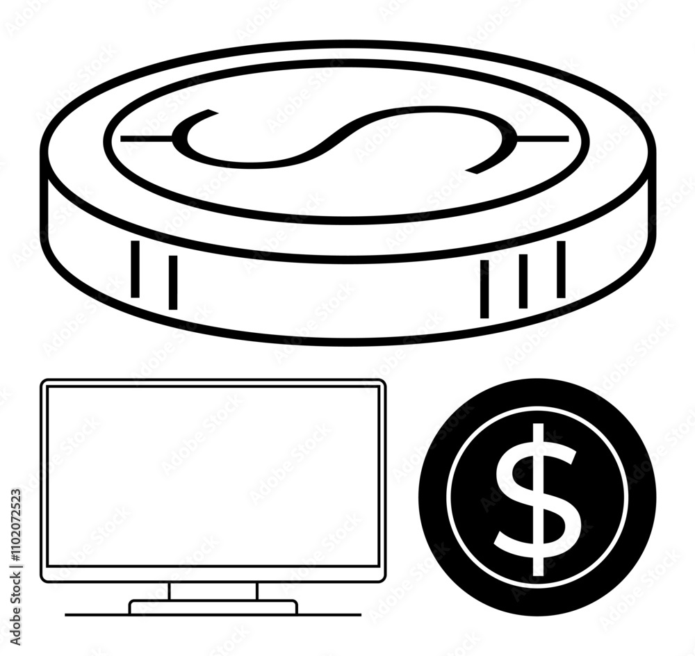 Coin with dollar sign, dollar sign within a circle, and a computer screen. Ideal for fintech, online banking, digital currency, e-commerce, investment strategies, financial planning business growth Coin with dollar sign, dollar sign within a circle, and a computer screen. Ideal for fintech, online banking, digital currency, e-commerce, investment strategies, financial planning business growth