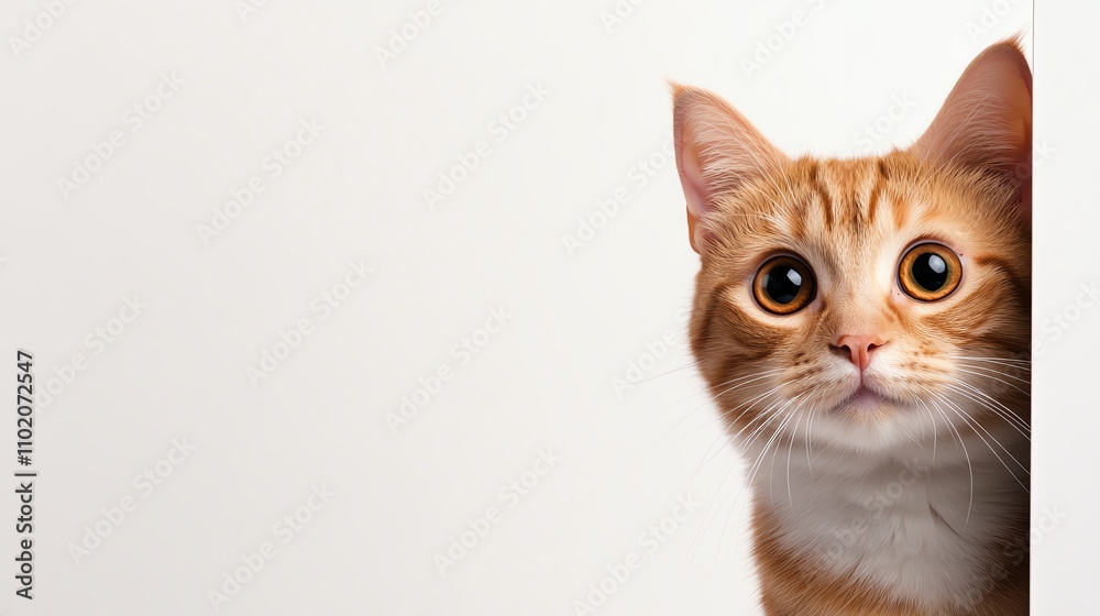 Curious orange cat peeking around the corner, white isolate background. Curious orange cat peeking around the corner, white isolate background.